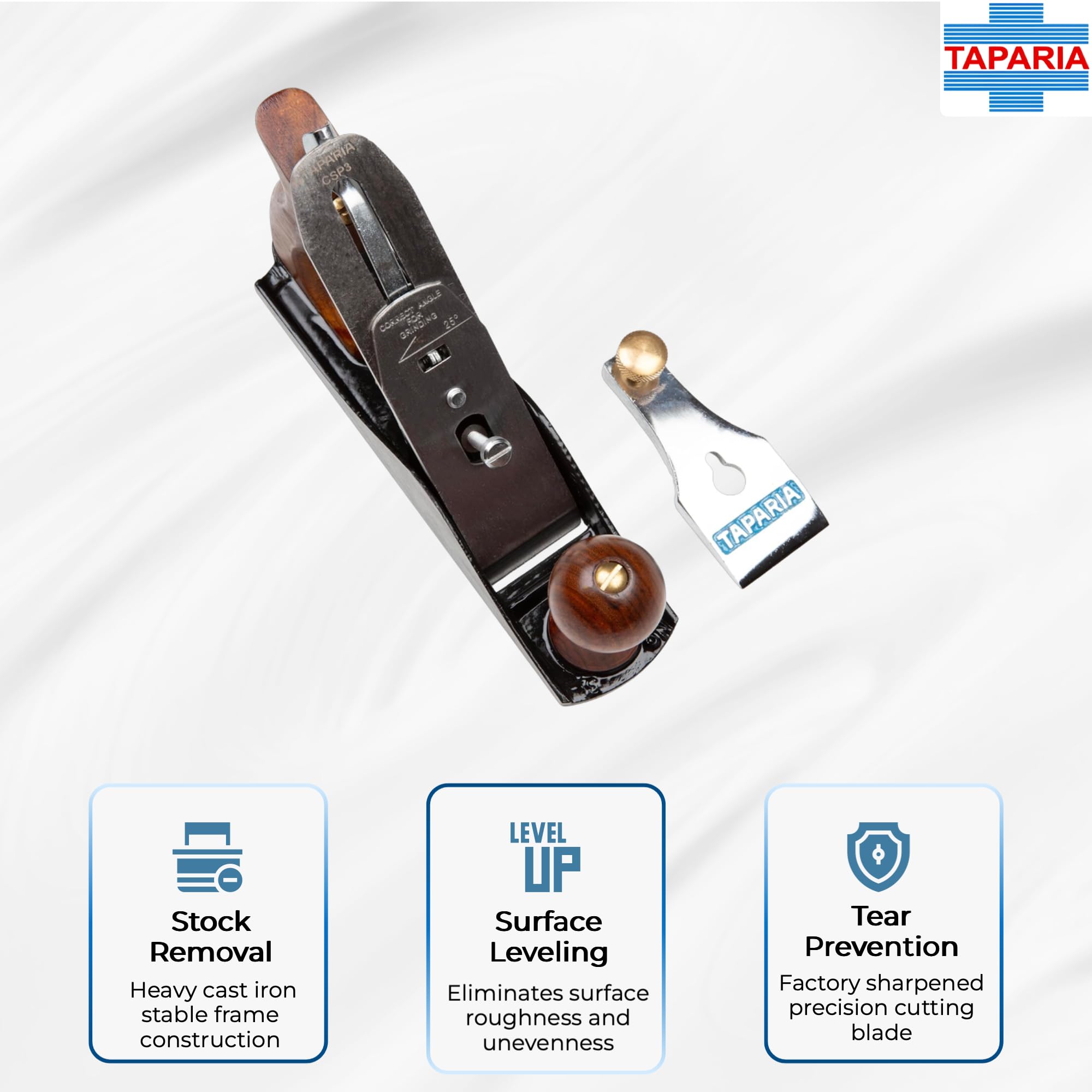 Taparia Jack Planer CSP 3 β Quality Planer(235 mm) for Precision Woodworking, Good-Grade Cast Iron Body, Wooden Handle and knob with Brass screw, 45mm width blade with high carbon steel 3