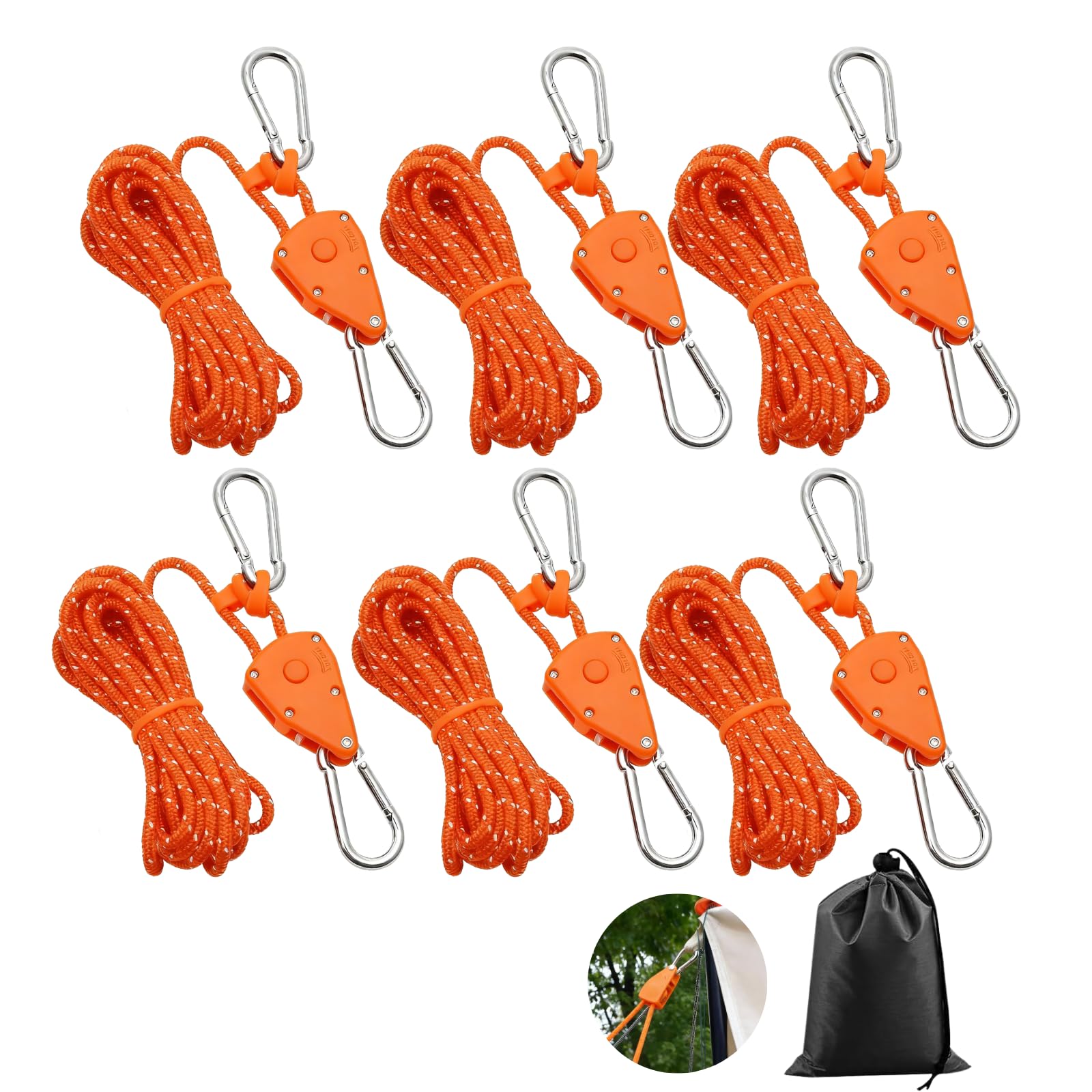 6 Piezas Trinquete de Cuerda 4m x 4mm Rope Ratchet Trinquete de Cuerda de Suspención para Carpa, Toldo, Acampada, Jardín