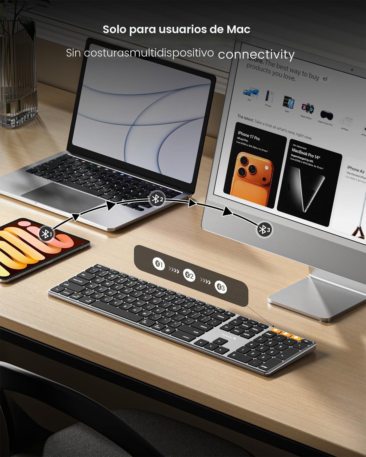 ProtoArc Teclado inalámbrico retroiluminado para Mac, teclado Bluetooth de aluminio K110-A, multidispositivo, perfil bajo, escritura silenciosa fluida, recargable, para MacBook Pro/Air, Mac mini, iPad
