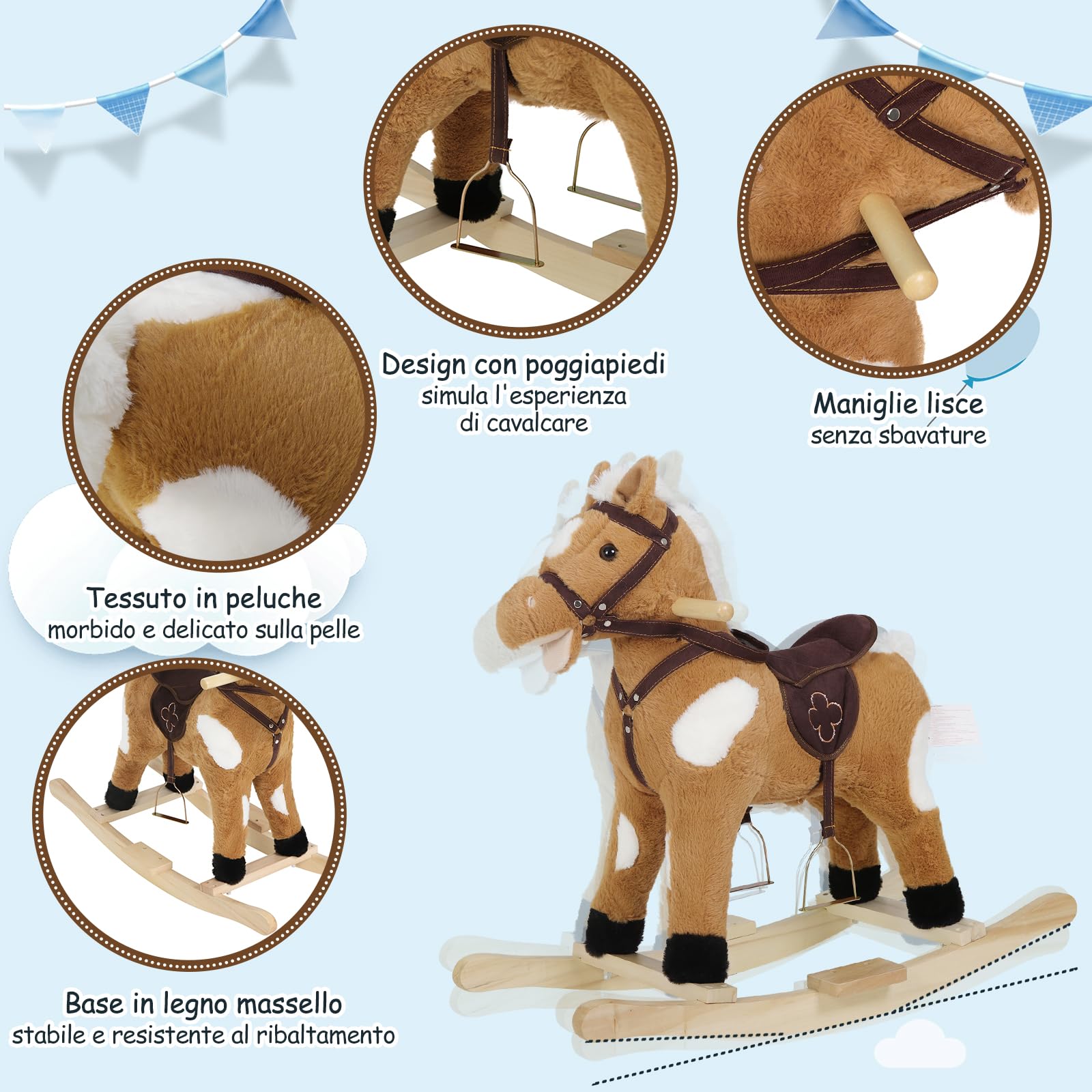 WOLTU Cavallo a Dondolo in Legno per Bambini, Cavalluccio Cavalcabile in Peluche con Suoni, Giocattolo Regalo per Bimbi 1/2/3 Anni, Marrone e Bianco