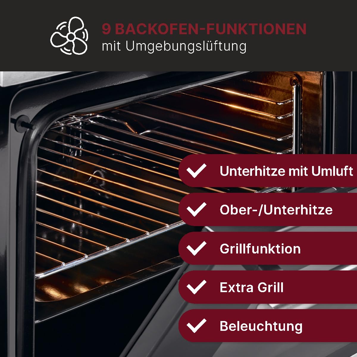 Bomann® Einbaubackofen mit Grill | Heißluft & Ober-/Unterhitze | Backofen 56L | Ofen mit 50°C - 250°C Bereich & Touch Control | Oven mit 9 Backofen-Funktionen & aushängbarer Tür | EBO 7911 inox