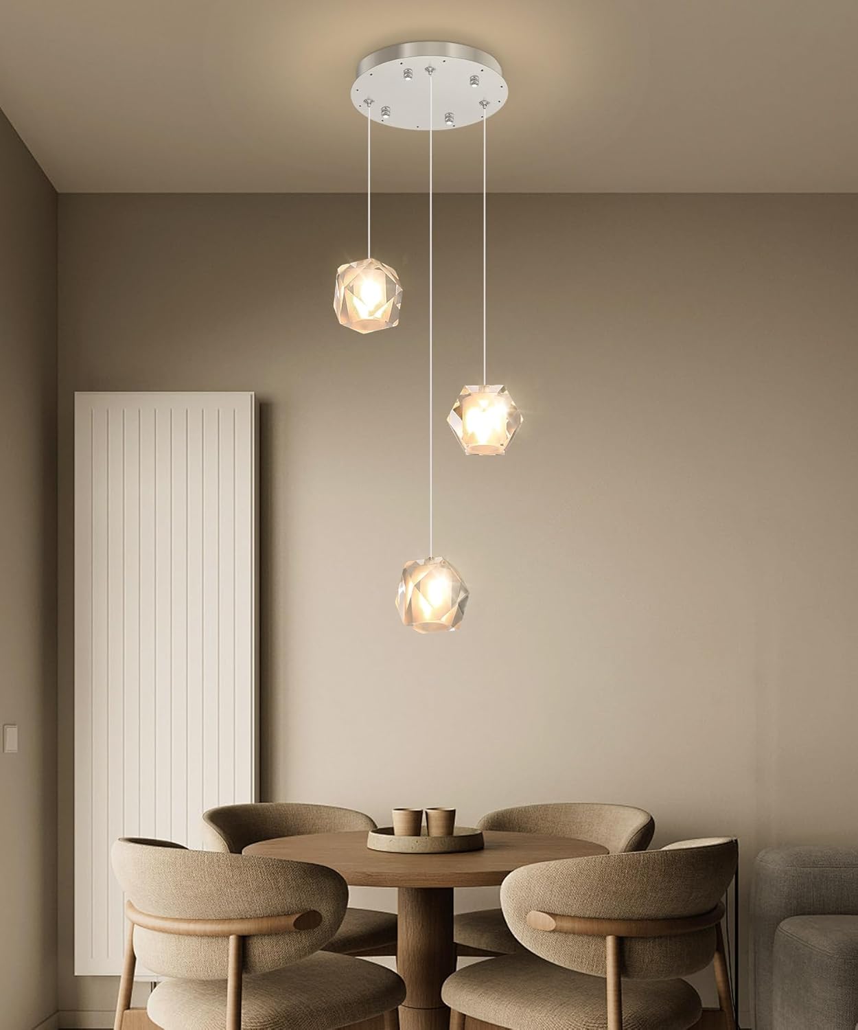 3-Light Modern Crystal Pendant Lights for Kitchen Island LED Dimmable Chandelier for Dining Room Hallway Foyer Corner Lamp Nickel
