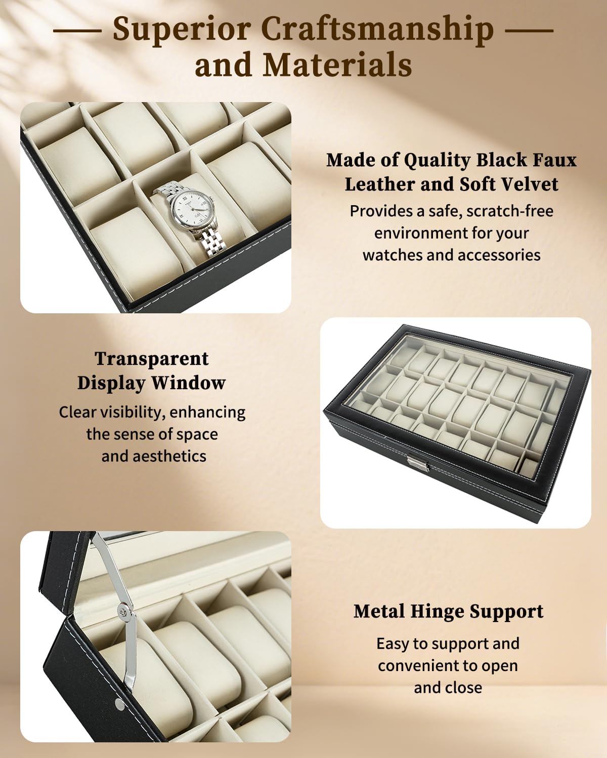 ATPEAM Uhrenbox 24, Eleganter Uhrenkasten mit Glasdeckel & Metallschloss, Uhrenkoffer mit Samt-Innenfutter, Geschenk für die Liebsten