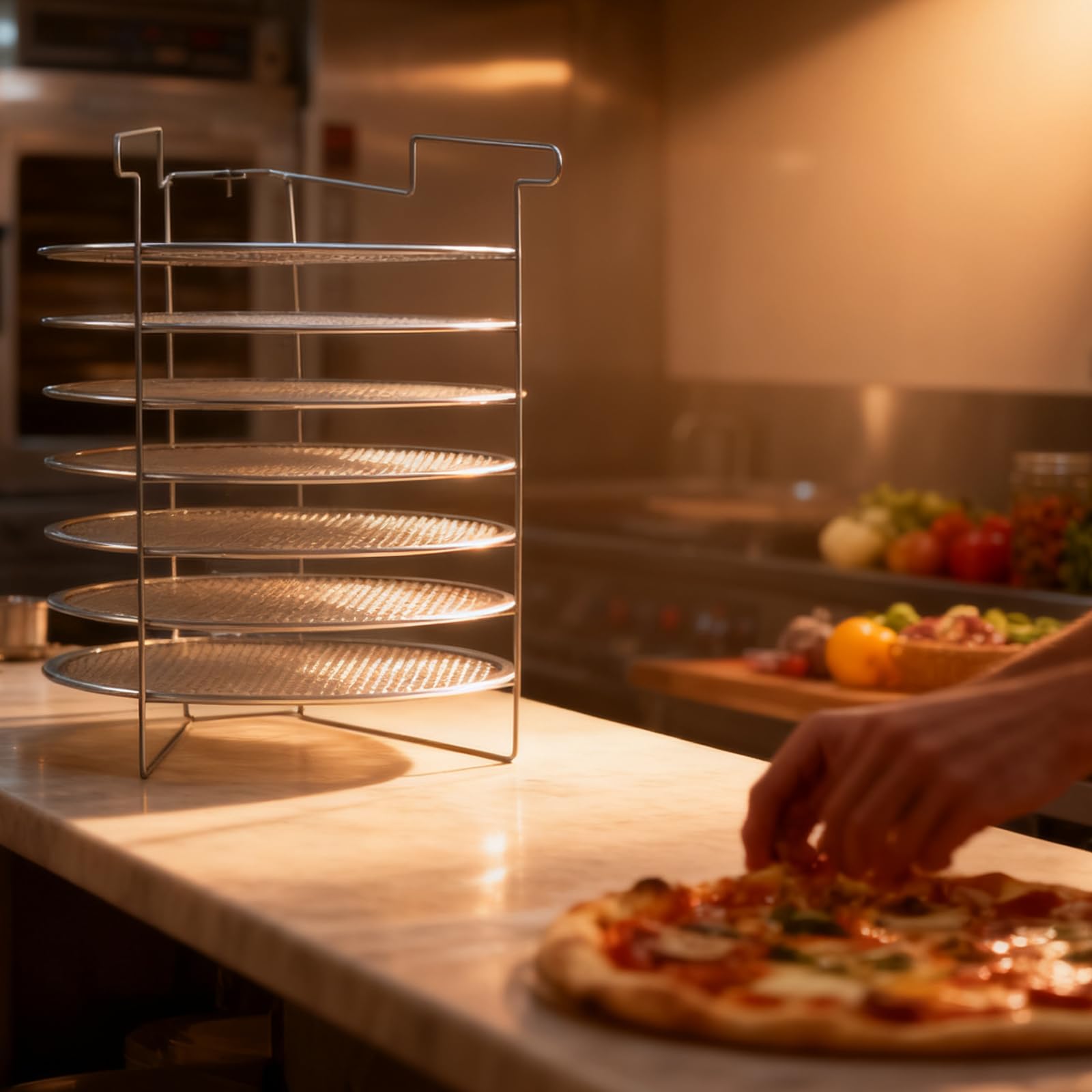 Honeydak Faltbares Pizza-Pfannenregal mit 7 35,6 cm großen Pizza-Backsieben für kompakte, bequeme und einfache Lagerung, Heim-Restaurant