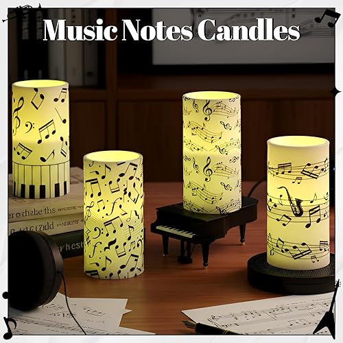 Miniatura 4 de Tiamon Juego de 4 velas LED sin llama con temática musical y velas LED sin llama, funciona con pilas con control remoto, decoraciones de pilar LED