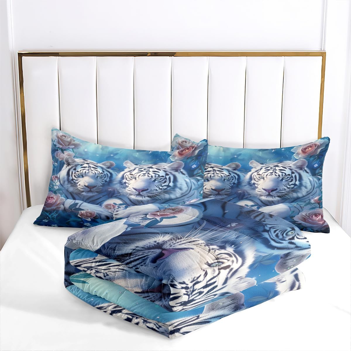 Comforter Set Queen Size Blue White Tiger Rose Comforter Set Comforter Sets Kids Adult Bedroom Quilt Set with Pillowcases
