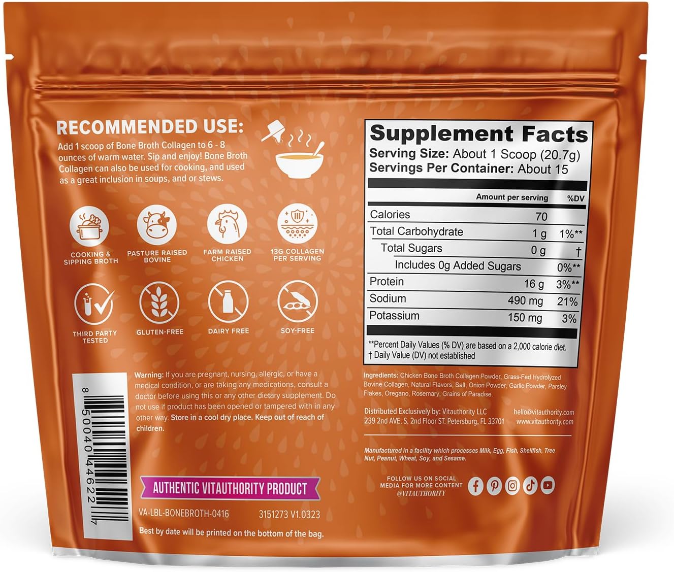 Vitauthority Bone Broth Collagen Delicious Chicken Noodle Flavored - Packed with 16g of Protein & Types I, II, III - Nourishes Skin, Hair, Nails, Joints, & Gut - Beef BoneBroth