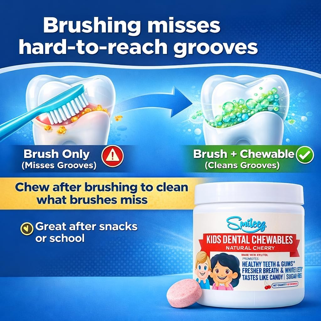 Kids Dental Chewables with Xylitol | Sugar-Free Natural Cherry Flavor | Oral Health Tablets with Papain & Bromelain | Supports Healthy Teeth & Gums, Fresh Breath & Helps with Dry Mouth | 60 Count