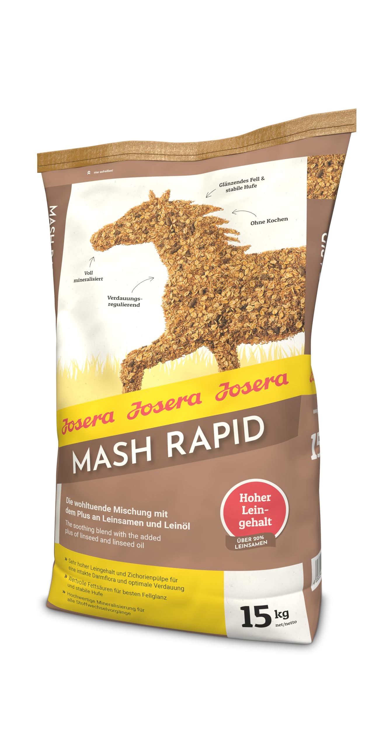 JOSERA Mash Rapide 15 kg | Aliment Premium pour cheval | Mash aux graines de lin et minéraux | Sans céréales | Pour un poil brillant et des sabots sains | Sac de 15 kg