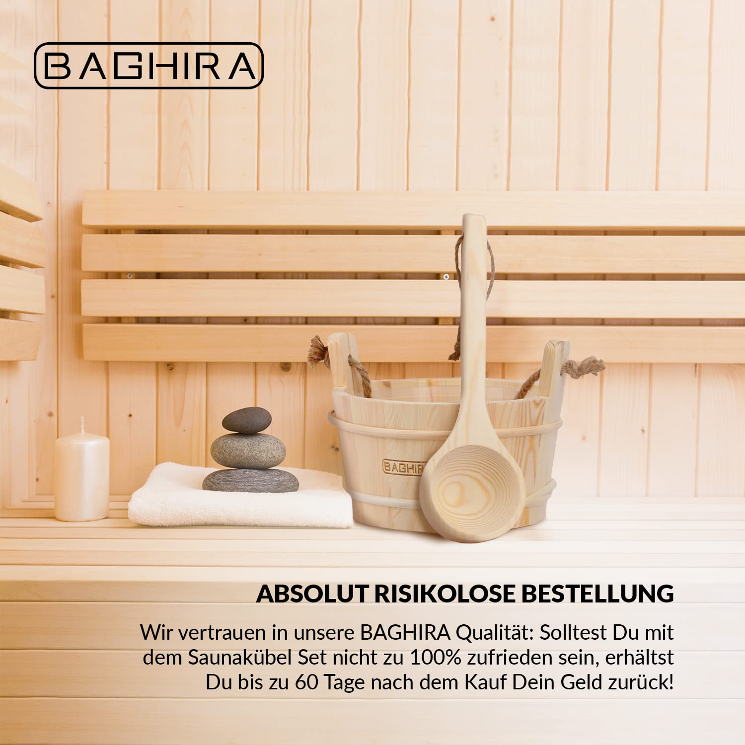 BAGHIRA Lot de 5 seaux de sauna en pin - Avec insert en PVC - Seau de sauna avec truelle, sablier, thermomètre et hygromètre