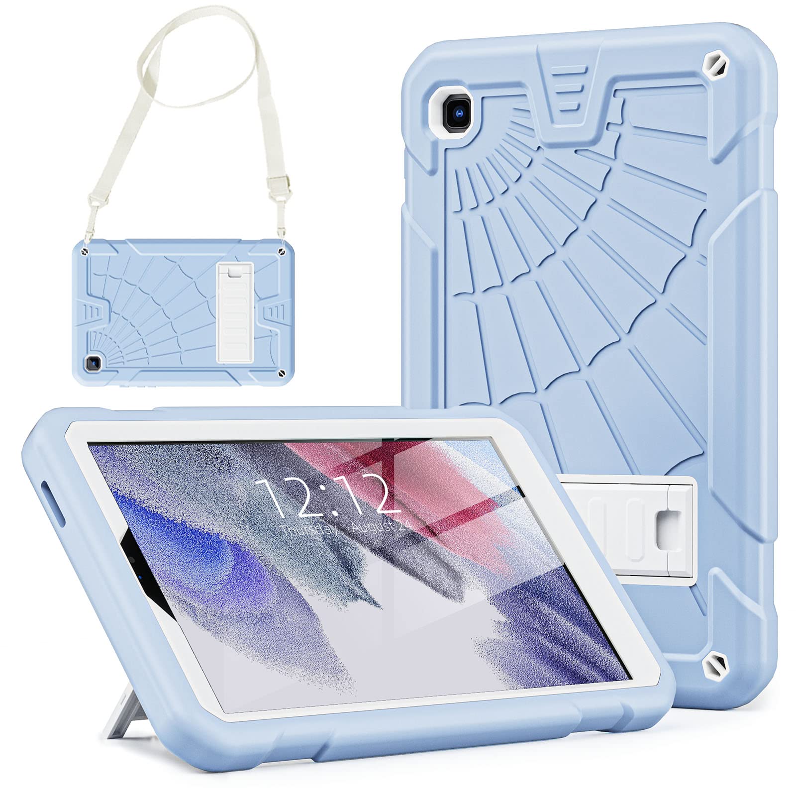 TSQQST Samsung A7 Lite Case with Screen Protector+Carrying Strap+Stand | Rugged Silicone Drop Protection Kids Case for Galaxy Tab A7 Lite Tablet 8.7 Inch 2021 Model SM-T220/T225/T227 | Ice Blue