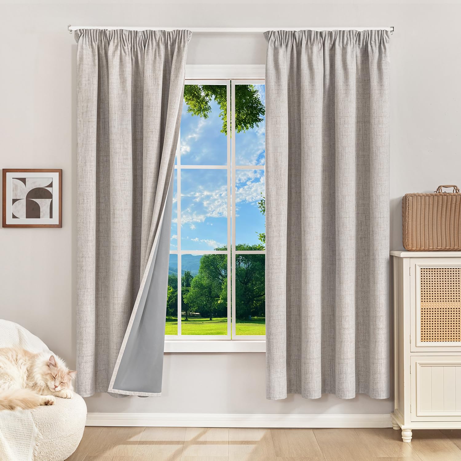 Runyéla 100% Blackout Curtains Pencil Pleat Linen Curtain for Bedroom Living Room Thermal Insulated 52 x 63 Inch Drop 2 Panels Greyish White