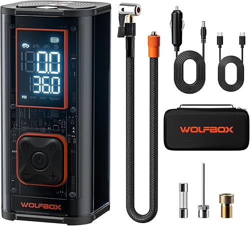 WOLFBOX Inflador de neumáticos de alta resistencia de 150 PSI, compresor de aire portátil de doble cilindro de 45 LPM para neumáticos de automóvil,