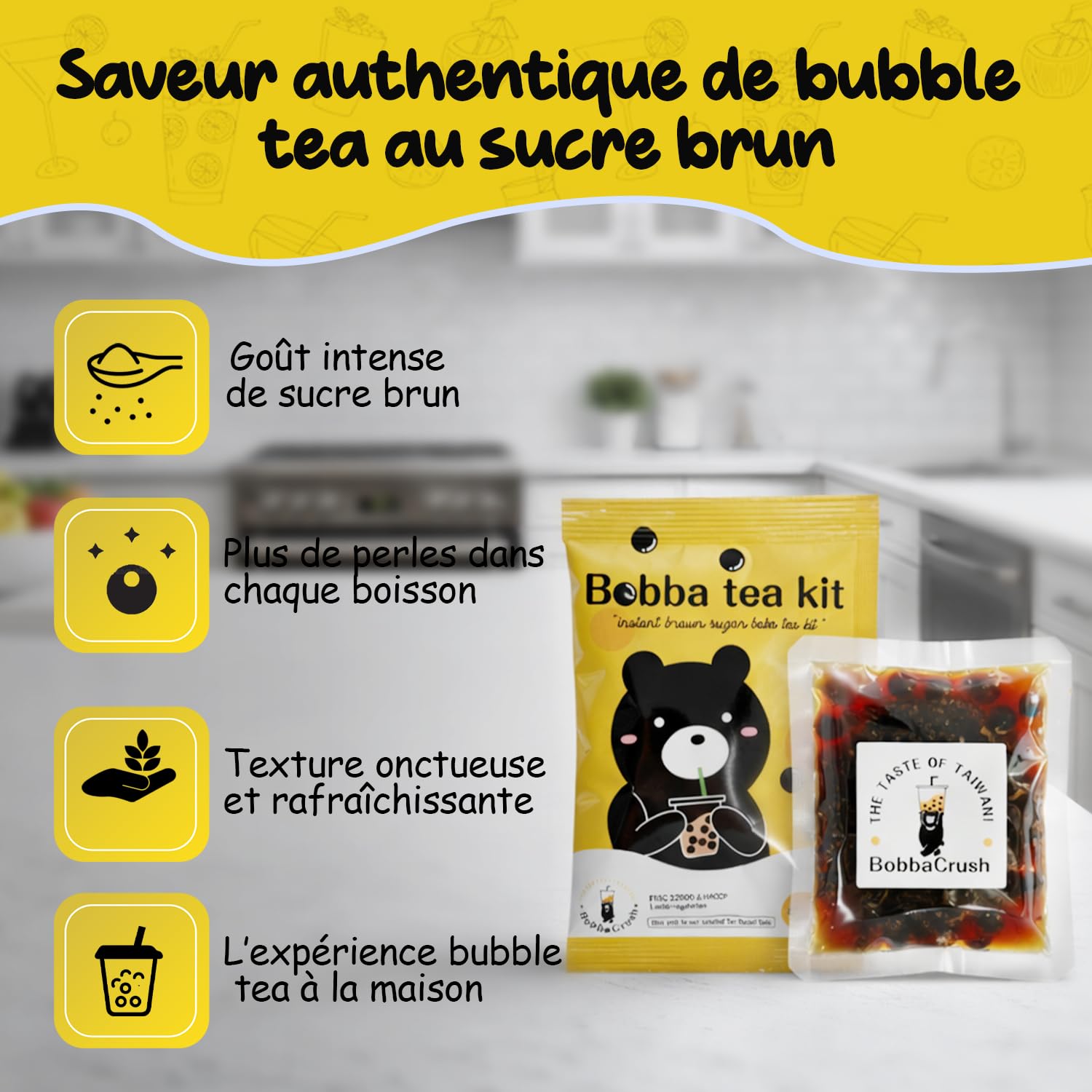 Kit Bubble Tea Complet - Bubble Tea Maison avec Perles de Tapioca Saveur Sucre Roux