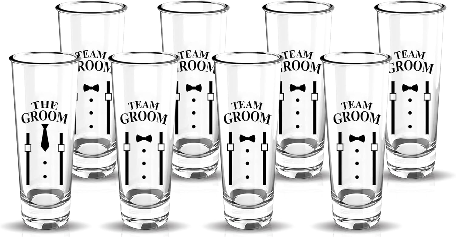 LADY&HOME Groom and Groomsmen Shot Glasses Set,Great for Bachelor Party Decorations Favors and Groomsmen Gifts,Wedding Shot Glasses,2oz Capacity,Set of 8 (Team Groom)