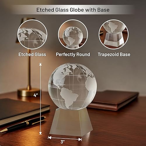 Miniatura 2 de Bey-Berk Pisapapeles de globo de vidrio grabado de 3 pulgadas con base grabada personalizada, transparente – Accesorio de escritorio giratorio
