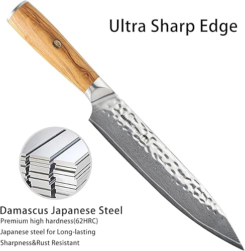 Miniatura 7 de Howashin Cuchillo de chef de Damasco de 8 pulgadas cuchillo de cocina afilado 67 capas acero alemán de alto carbono ergonómico de madera colorida