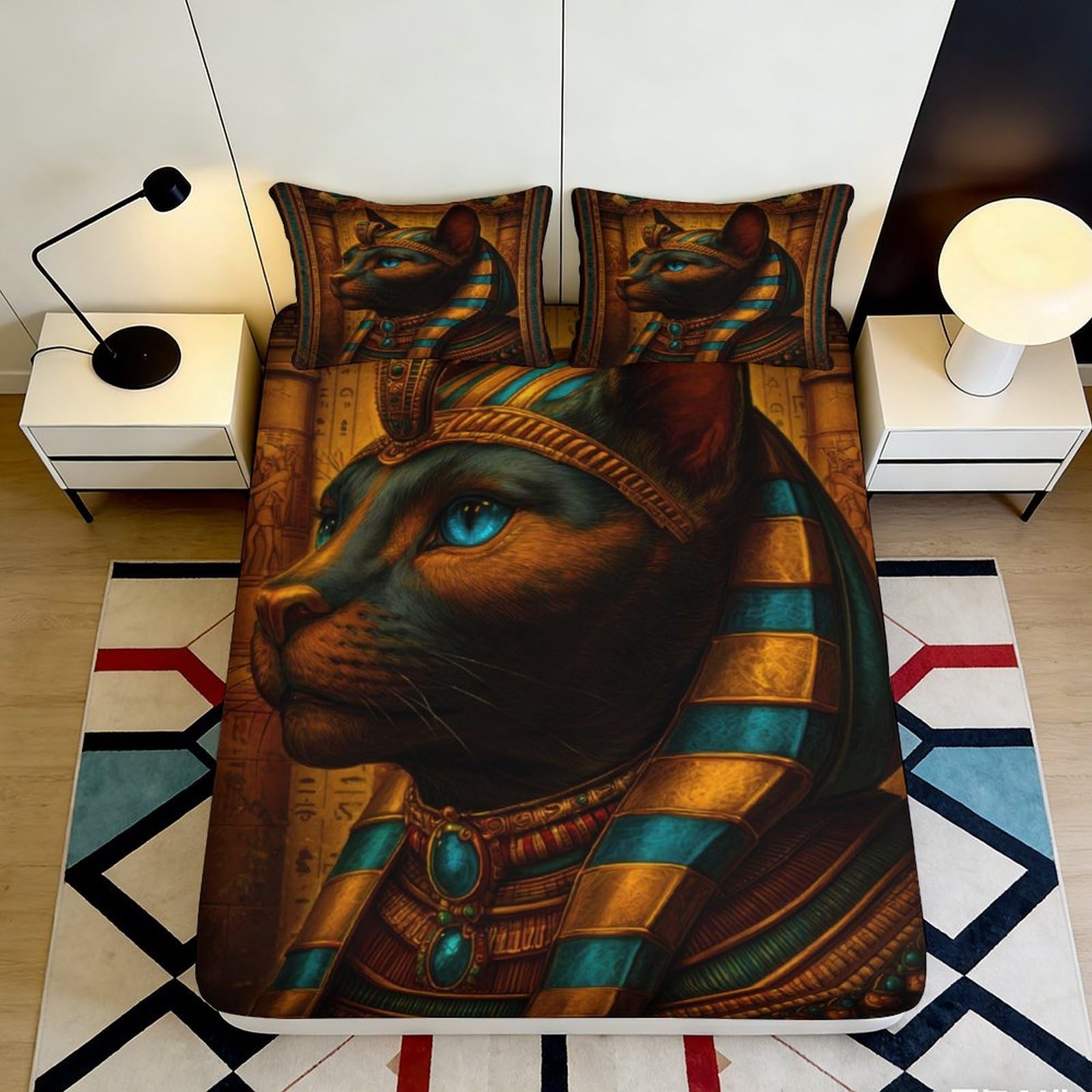 Jqzkxnhpbr Style-4 3D Printed Egyptian Cat Fitted Sheet Microfiber Soft Breathable Pharaoh Style Mattress Cover For Bedroom Dorm Decor 90X200x25cm