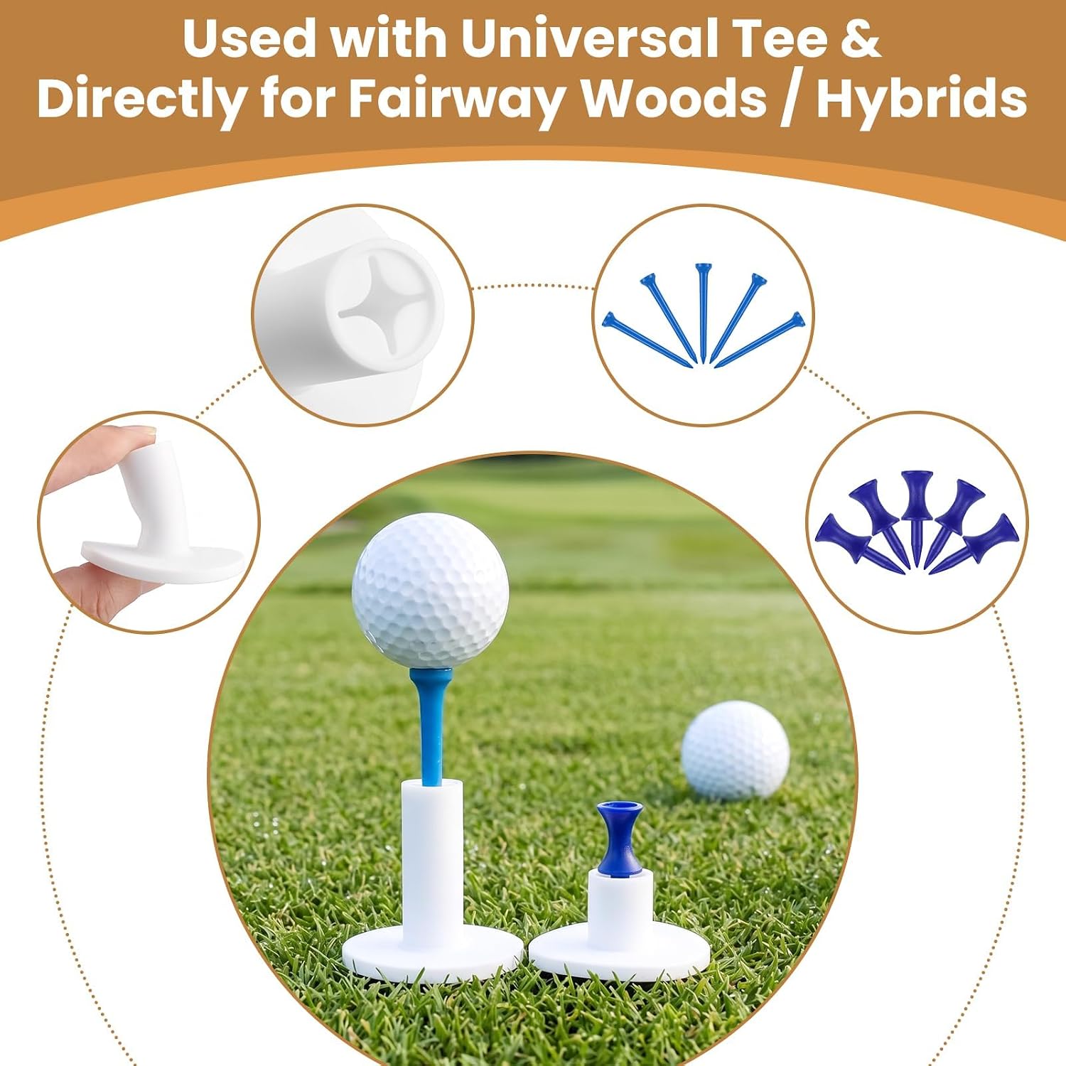 12Pcs Mixed Sizes Rubber Golf Tee Holders for Mats & 30Pcs Tees (2 Lengths) for Driving Range, Simulator, Indoor
