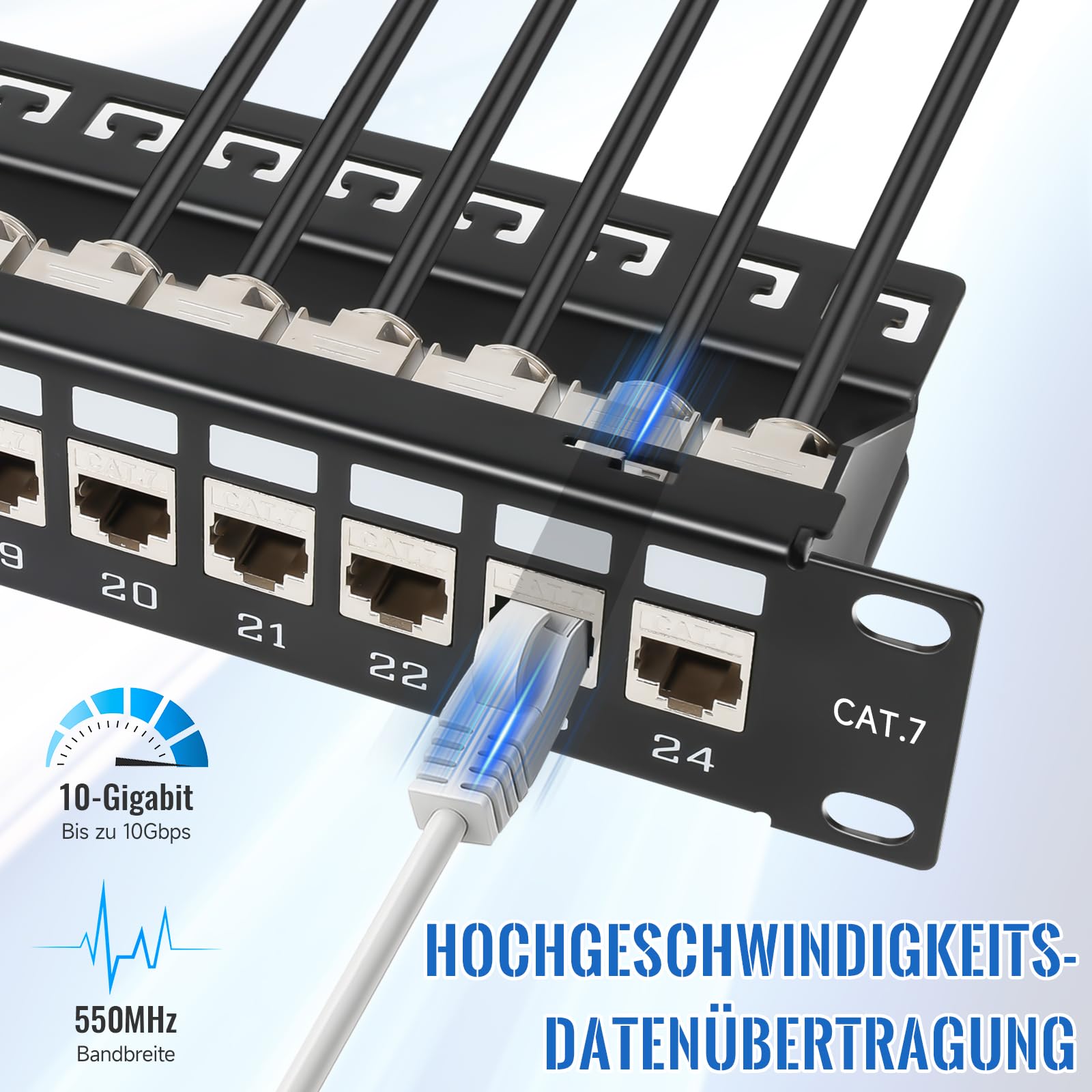 CAT 7 Patchpanel Verteilerfeld 24 Port, 19 Zoll Patchpanel Set mit 24x Cat7 Keystone Module Geschirmter, Rackeinbau RJ45 LAN Netzwerk 10Gbps/550MHz, mit EMI/RFI-Schutz und Kabelmanagement-Kit