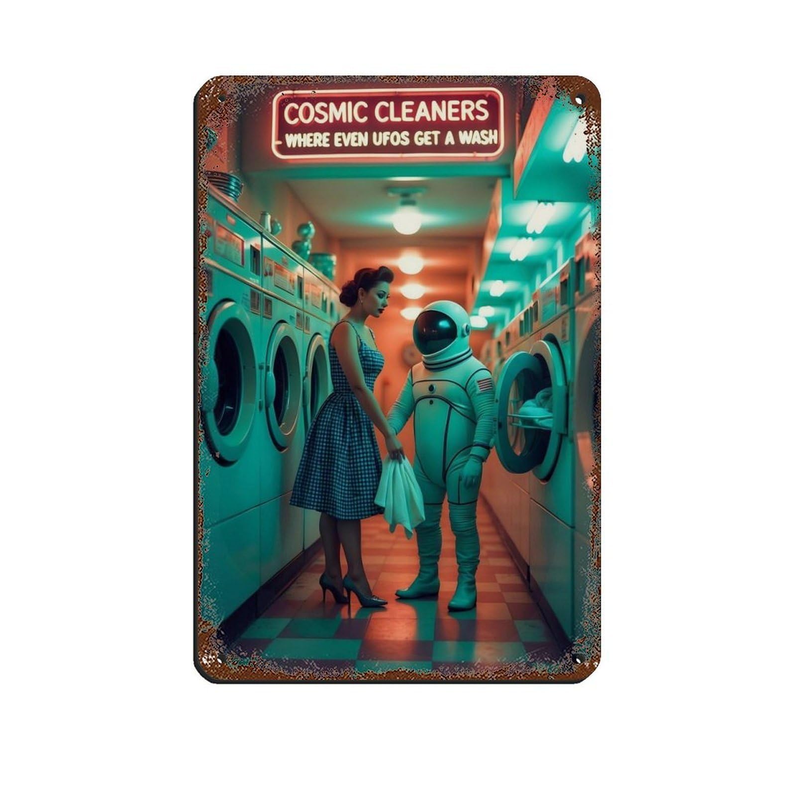 Retro Sci-Fi, Futuristic Laundromat Scene Tin Sign Vintage Metal Pub Club Cafe Bar Home Wall Art Decoration Poster Retro 8x12inch(20x30cm)