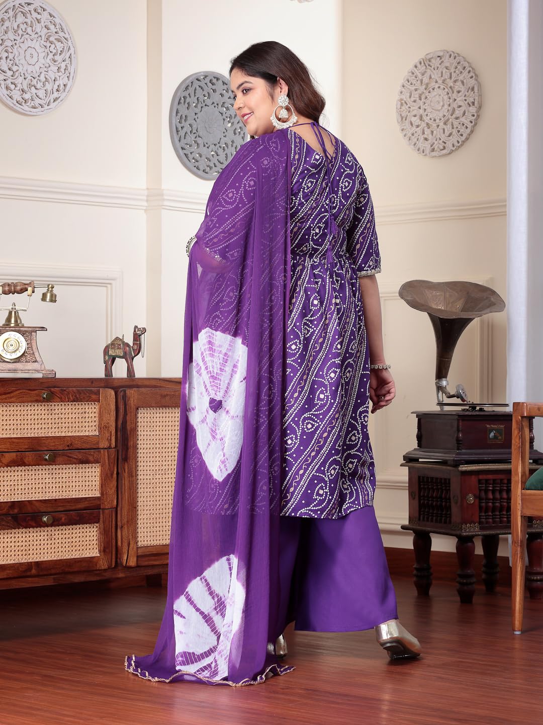Stylum Plus Size Women Bandhej Printed Rayon Naira Cut Kurta Palazzo Dupatta Set (Kpdvoilcharliplus46_Violet, 3Xl)