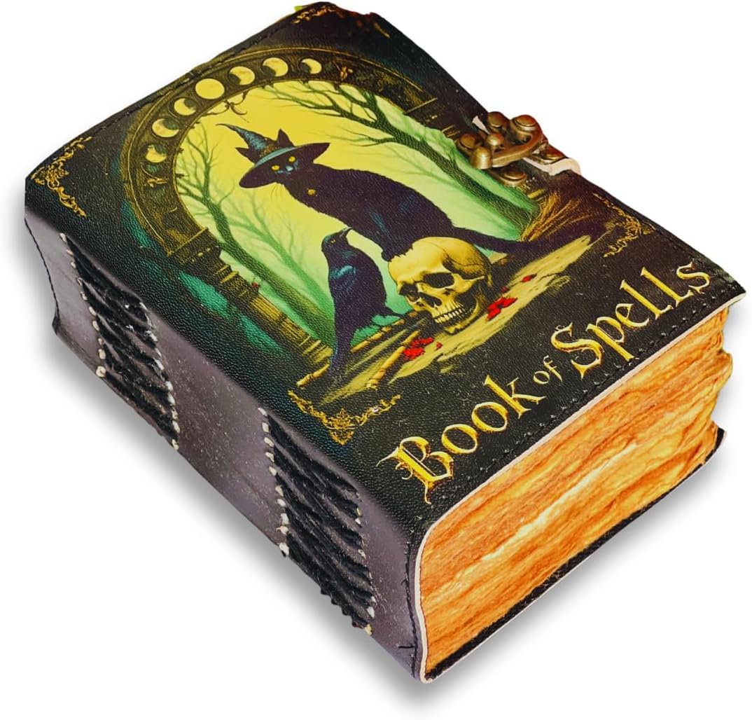 Book of Spells Goth Raven Cat Skull Leather Journal for Men & Women 400 pages With Lock, Witchcraft Supplies Books Witchy gifts for women black Grimoire Journal Spell Book For Halloween Bird dairy Cat