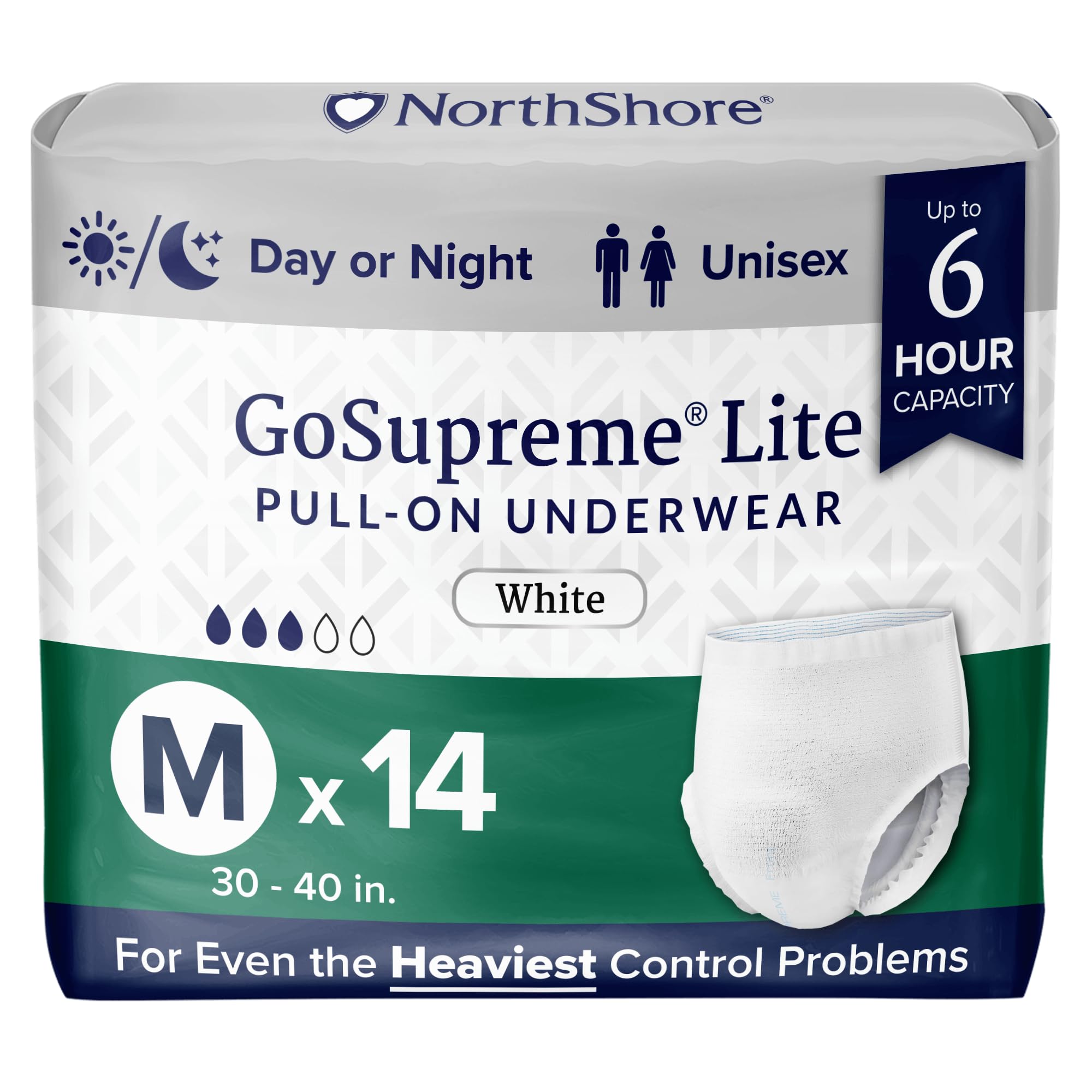 NorthShore GoSupreme Lite Incontinence Underwear, 6-Hour Pullup Style, Medium, 14 Count Bag, White, 30-40 inches, Unisex Adult Diapers