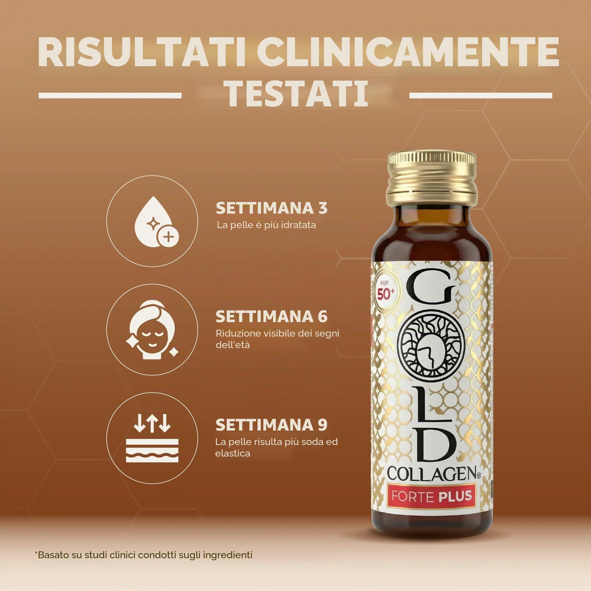 GOLD COLLAGEN New Forte Plus - Integratore con collagene marino idrolizzato e biotina per capelli per pelle e sistema immunitario, vitamina C e acido ialuronico, 1 scatola x 10 bottiglie 50 ml