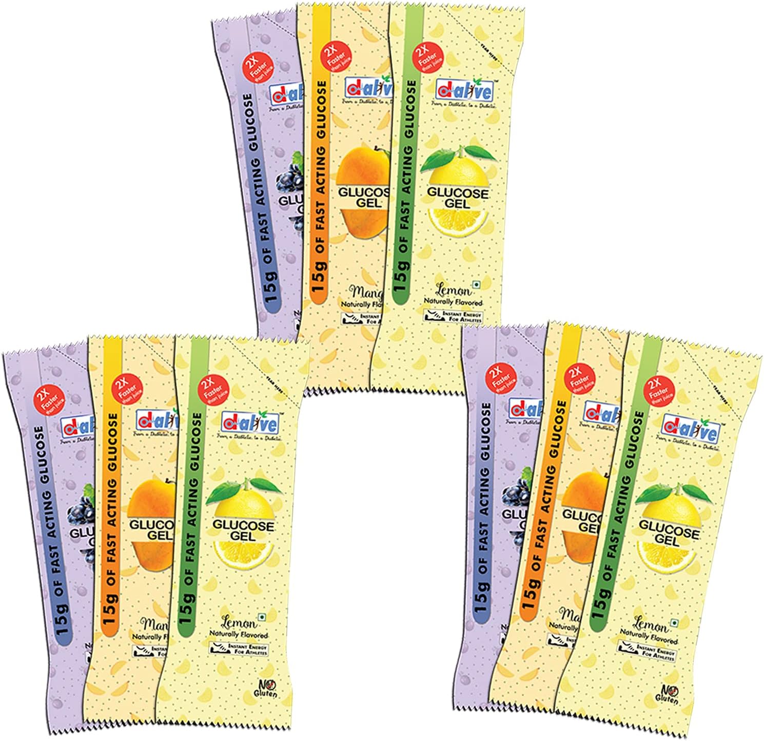 D-Alive 15g of Fast Acting Glucose Gel for treating Hypoglycaemia - Instant Energy Gel (Assorted - Lemon + Mango + Grape) - Total 9 Pocket Size Sachet