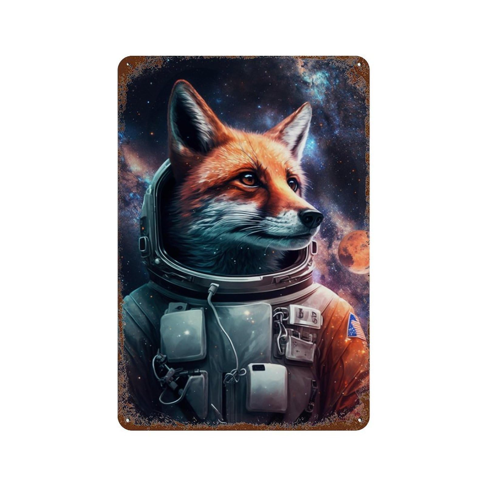 Rust Effect Fox Astronaut in Space Suit Aged Metal Wall Plaque 11.8"x7.9", Shabby Chic Decor for Living Room, Hallway And Home Decor