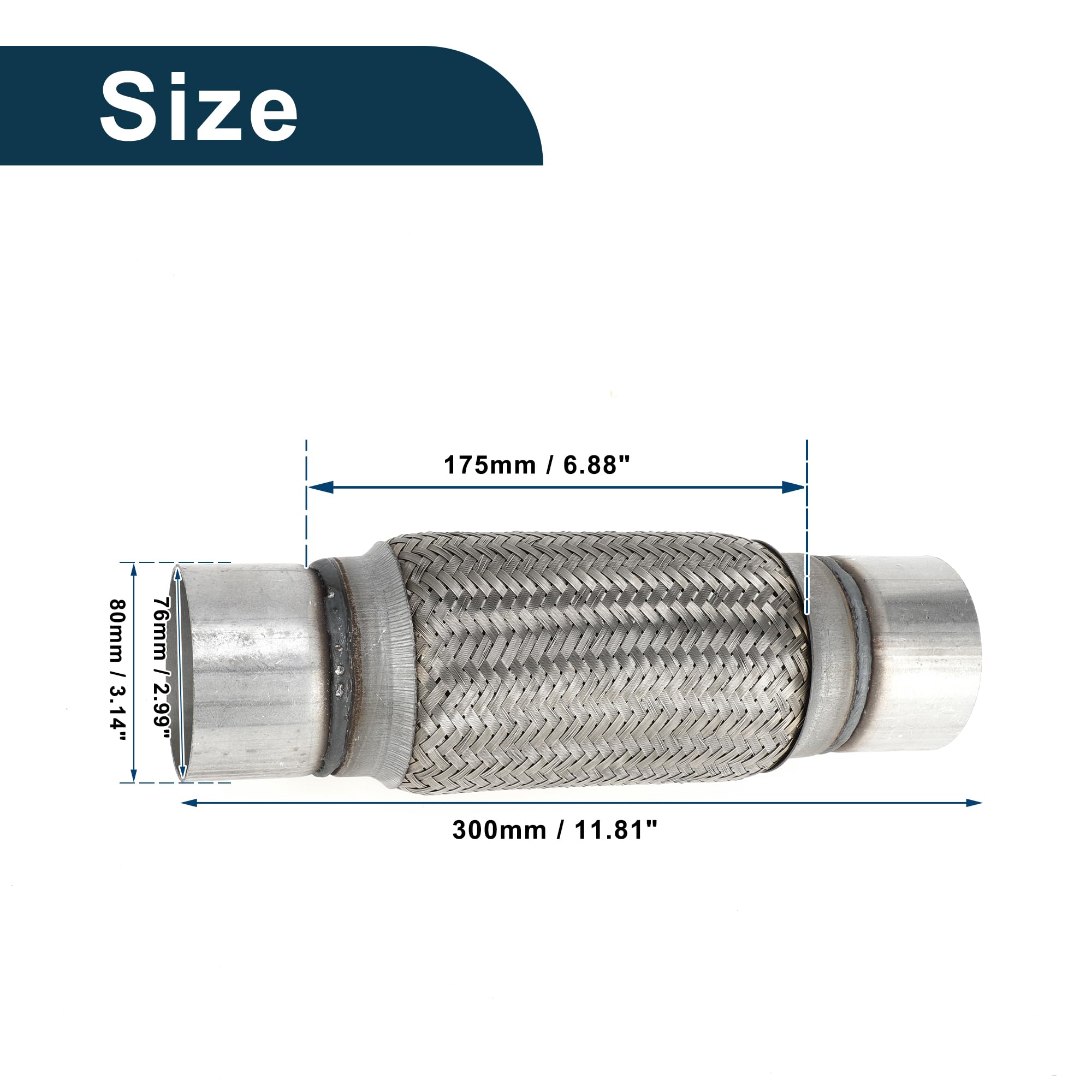 Tłumik do Samochodu Elastyczna rura wydechowa samochodu pleciona Trwałe złącze ze stali nierdzewnej(ID76mm-OD80mm-300mm)
