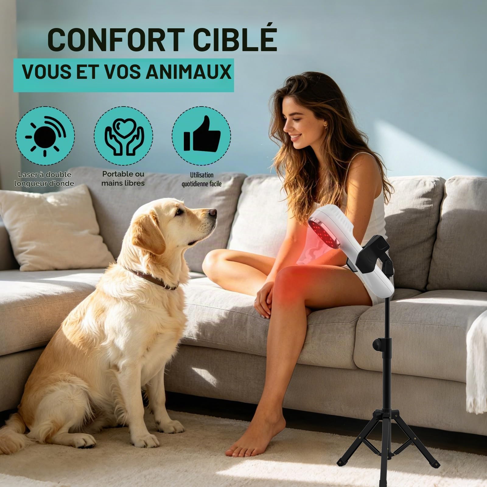 iKeener Appareil Lumière Rouge Portable avec Trépied, 3*808nm+12*650nm Dispositif Lumineux pour Confort Musculaire & Récupération Quotidienne, pour Épaule Genou Dos, Convient aux Personnes et Animaux