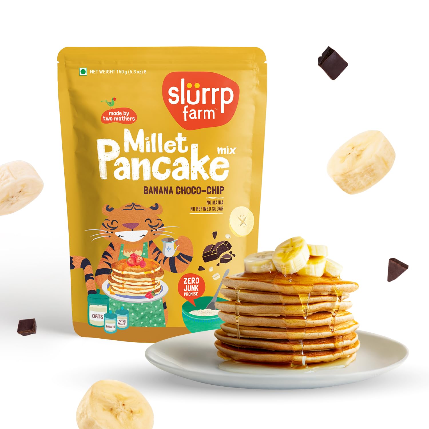 Slurrp Farm Millet Pancake Mix | Banana Choco-Chip | Made with Oats & Jowar | No Refined Sugar or Maida | Healthy Breakfast for Kids & Toddlers | 5.29 Oz (150g)