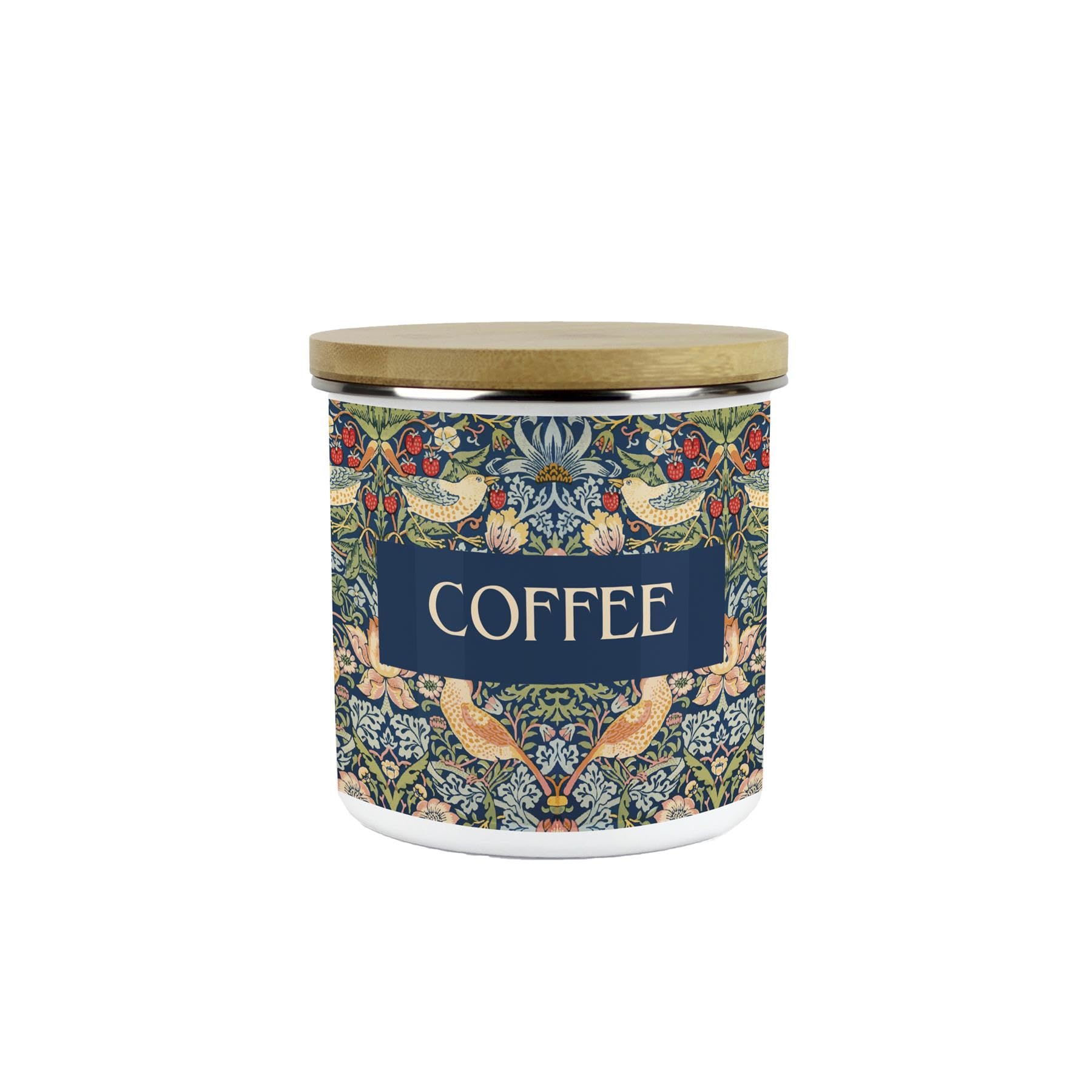 Purely Home Blue Strawberry Thief Coffee Storage Canister - Morris Inspired Tapestry Artwork Homeware Gifts - Medium Sized Metal Enamel Kitchen Food/Drinks Storage Container 600ml