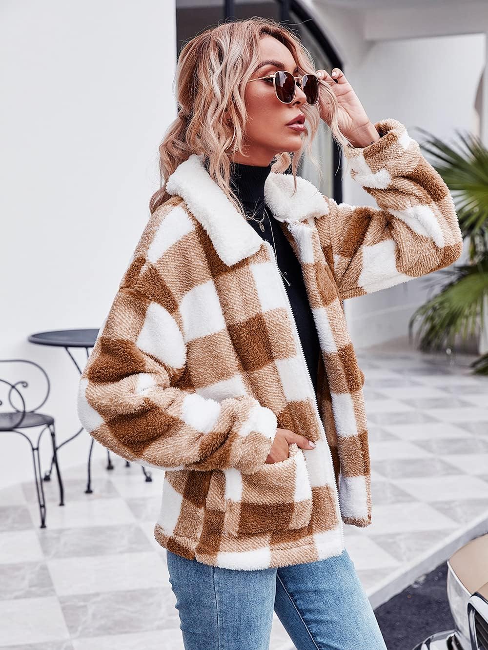 Comeon Women's Coat Casual Lapel Fleece Fuzzy Faux Shearling Zipper Coats Warm Winter Oversized Outwear Jackets - Image 5