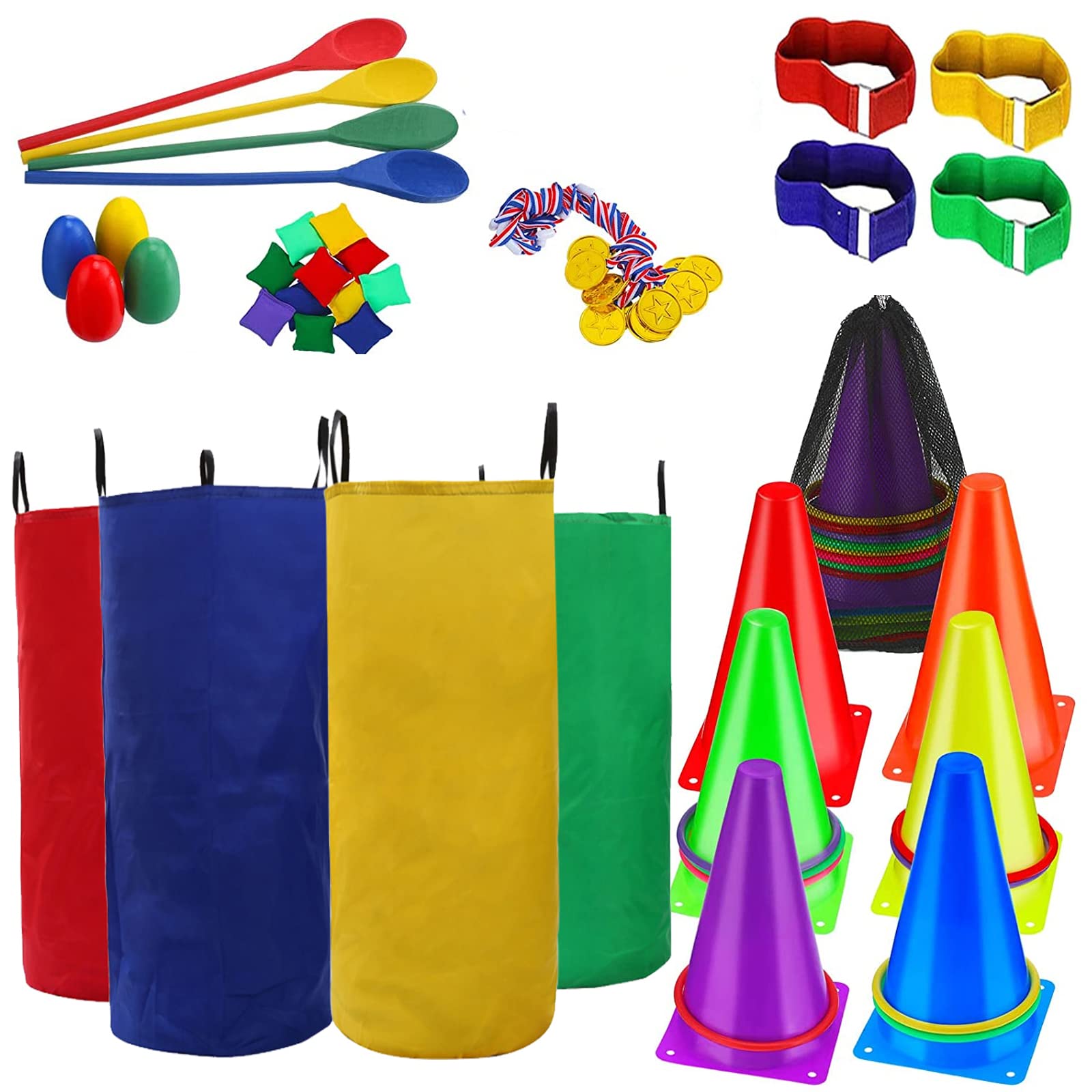 Beauenty 61Pcs Outdoor Game for Kids, Potato Sack Race Bags for Kids Adults, Egg Spoon Relay Game,3 Legged Race Bands, Carnival Games for Family Backyard Party Birthday Party Outside Lawn Games (C)Beauenty 61Pcs Outdoor Game for Kids, Potato Sac…