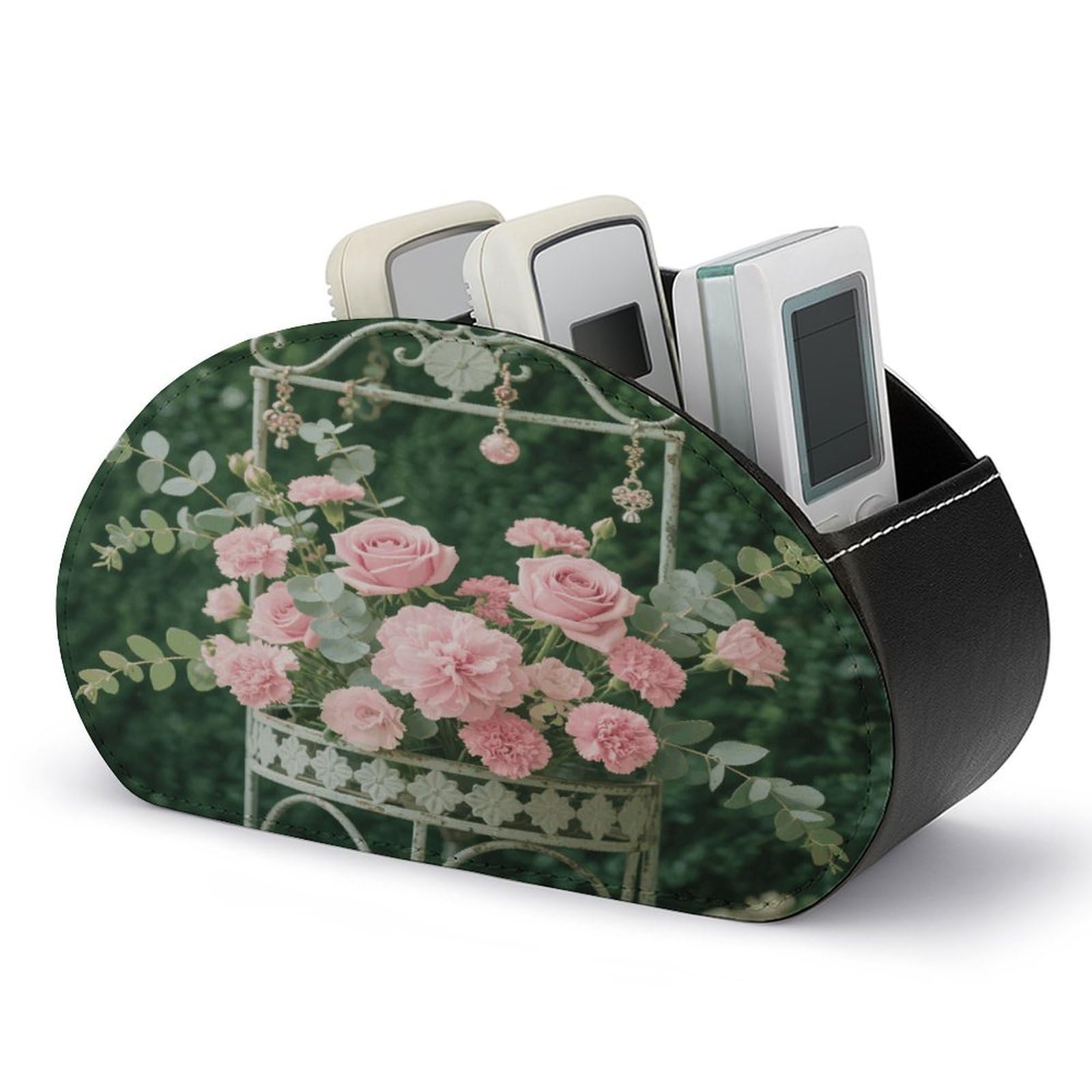 VstaDank Pink Floral Remote Control Holder with 5 Compartments PU Leather TV Remoter Caddy Desktop Organizer TV Remote Holder Remote Box for Media Controllers Office Supplies