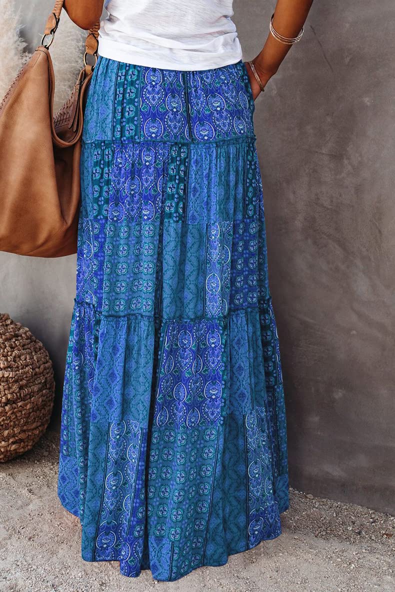 Gonna Donna, Gonne Lunghe con Stampa Floreale Boho Donna Elastiche in Vita Plissettate Fluide Linea Ad A Casual Estive Basiche Spiaggia Abiti Lunghi per Foto Quotidiane delle Vacanze