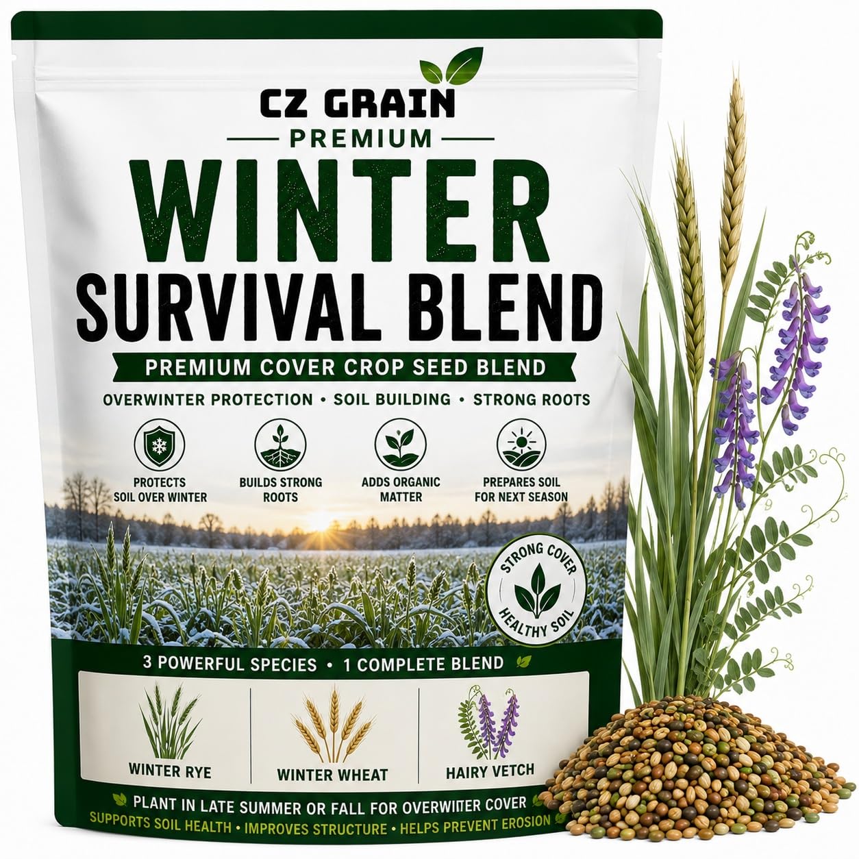 CZ Grain 8 oz Winter Survival Cover Crop Seeds | Rye, Wheat & Hairy Vetch | Great for rai…