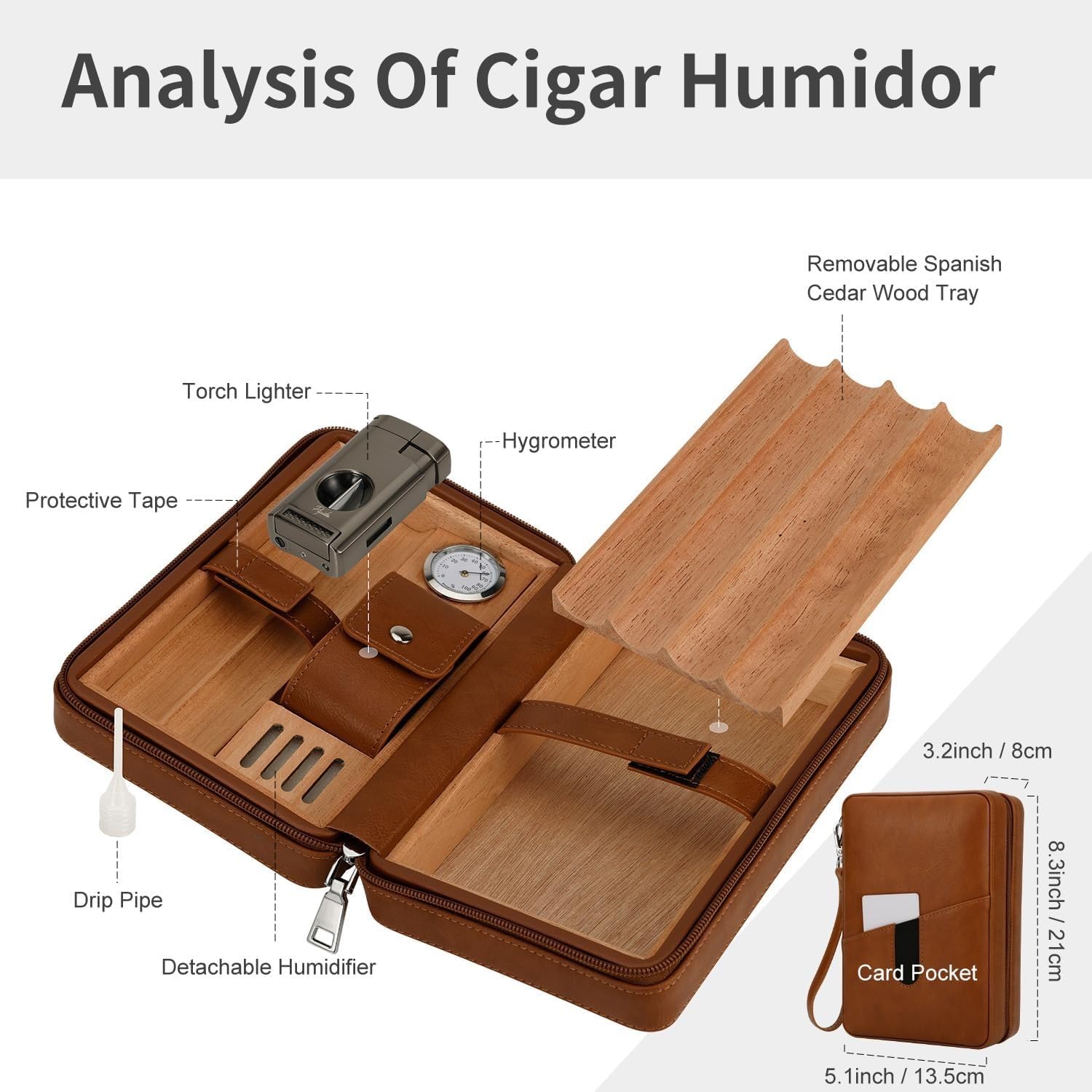 Cygarowy Humidor z Drewna Cedrowego – Wyjmowana Taca, Higrometr, Odłączany Nawilżacz, Rurka Skroplin i Kieszeń na Karty – Luksusowy Prezent dla Taty, Męża,Black