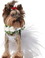Vista 6 de Honoson Collar de flores de boda para perro, corona ajustable de rosas blancas artificiales con lazo de cinta, traje de mascota cachorro y gato