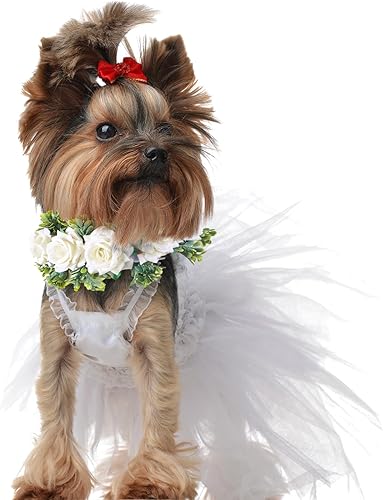 Miniatura 6 de Honoson Collar de flores de boda para perro, atuendo de boda, corona de lazo, anillo de flores para mascotas, gatos y cachorros (grande)