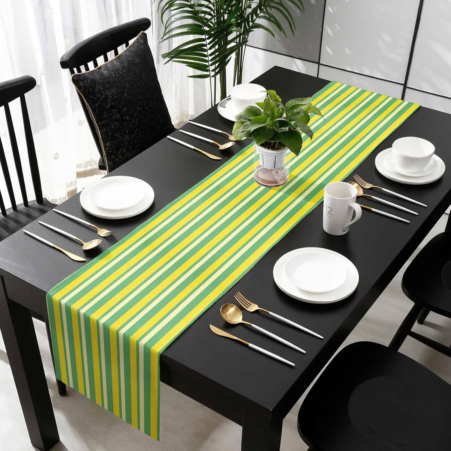 Z&L Home Linen Table Runner Summer Lemon Yellow and Green Stripes Table Runners Dresser Scarf for Outdoor or Indoor Parties Geometric Striped Kitchen Dining Decor 13x90In