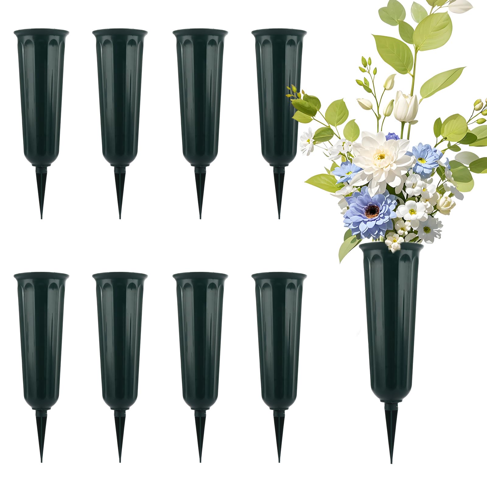 YOUNTHYE 8Pcs Grave Vases, Plastic Grave Flower Pots with Spikes, Cemetery Vases Memorial Vases Grave Flower Holders and Base for Graveside Yard Lawn Garden Decoration