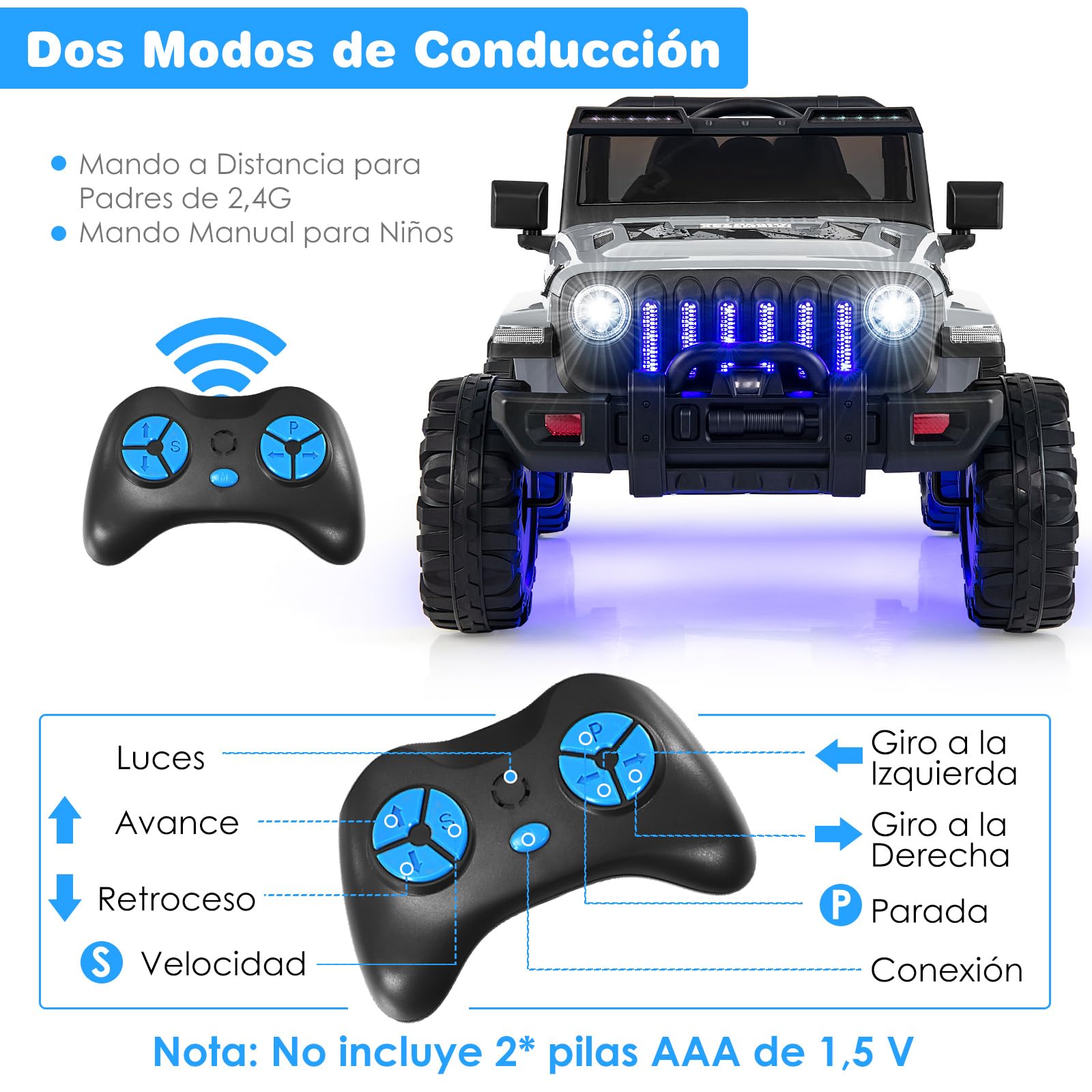 COSTWAY Coche Eléctrico para Niños 12V, Vehículo Todoterreno con Velocidad Ajustable, Vehículo Eléctrico de Juguete de 2 Plazas con Control Remoto 2,4G, Música, Puerto USB, Bluetooth, Luces (Gris)