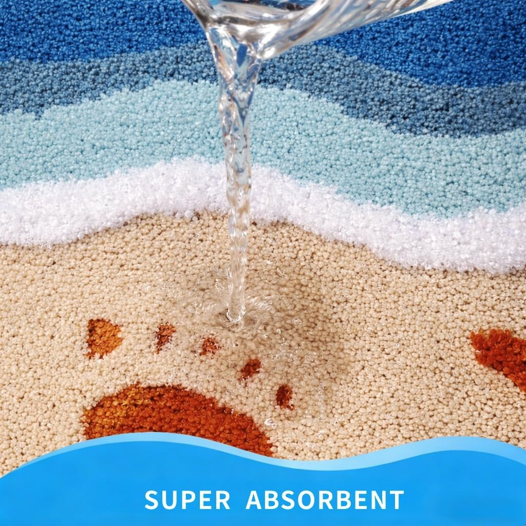 Cute Beach Bathroom Rugs, Super Absorbent Fluffy Bath Mat, Non-Slip Bath Rug Decor with Footprint & Seashell Design, Perfect for Shower, Tub & Bedroom, 20x30 Inch