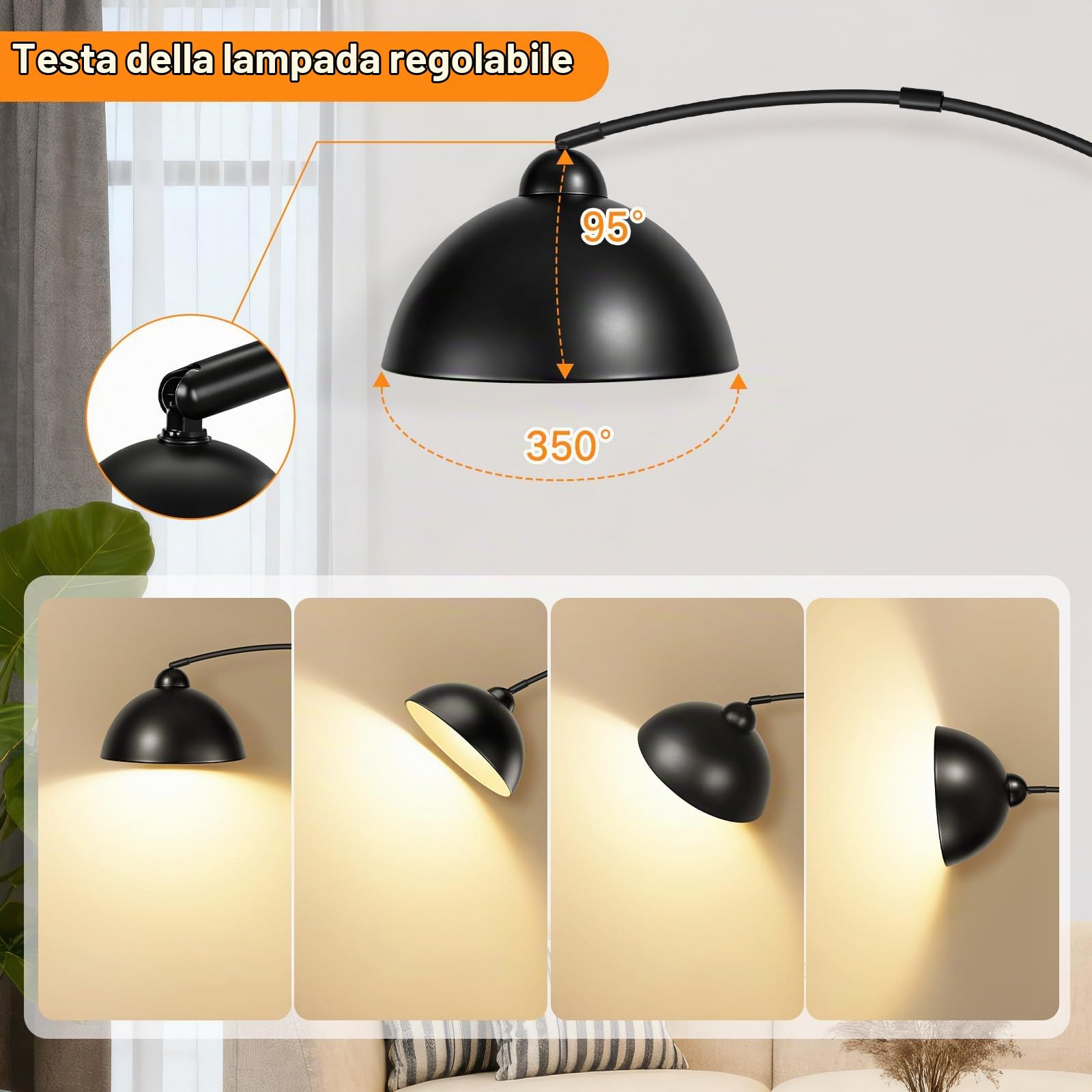 OUTON Lampada ad arco, lampada da terra LED dimmerabile, Nero | 4 temperature di colore, lampada da terra per soggiorno, camera da letto, ufficio