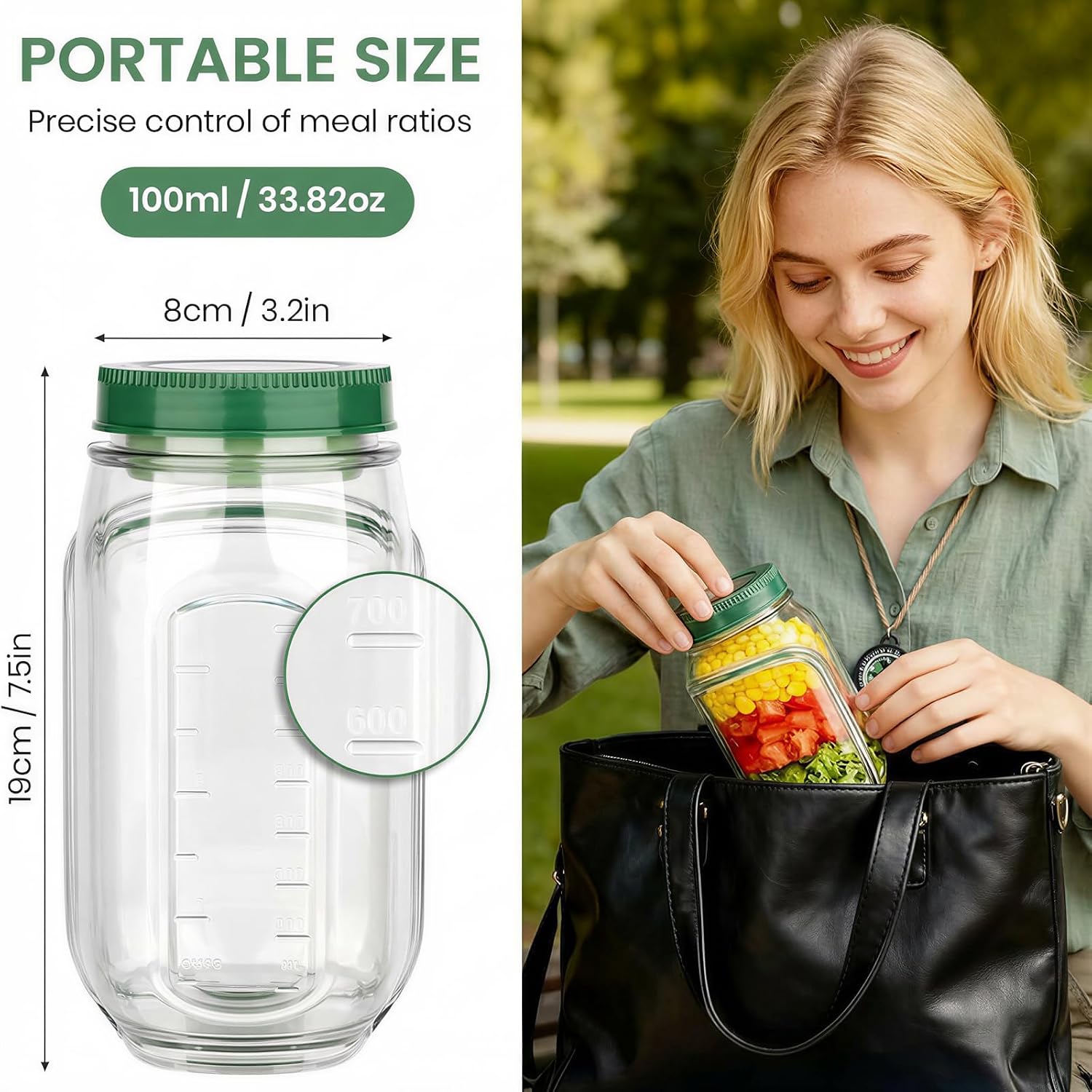 Condition photo showing New/Like New for portable salad jar with side opening, 1000ml leakproof mason jar, vertical layering keeps salads fresh, leak-resitant salad pod with dressing cup, durable salad container for lunch, meal prep & work