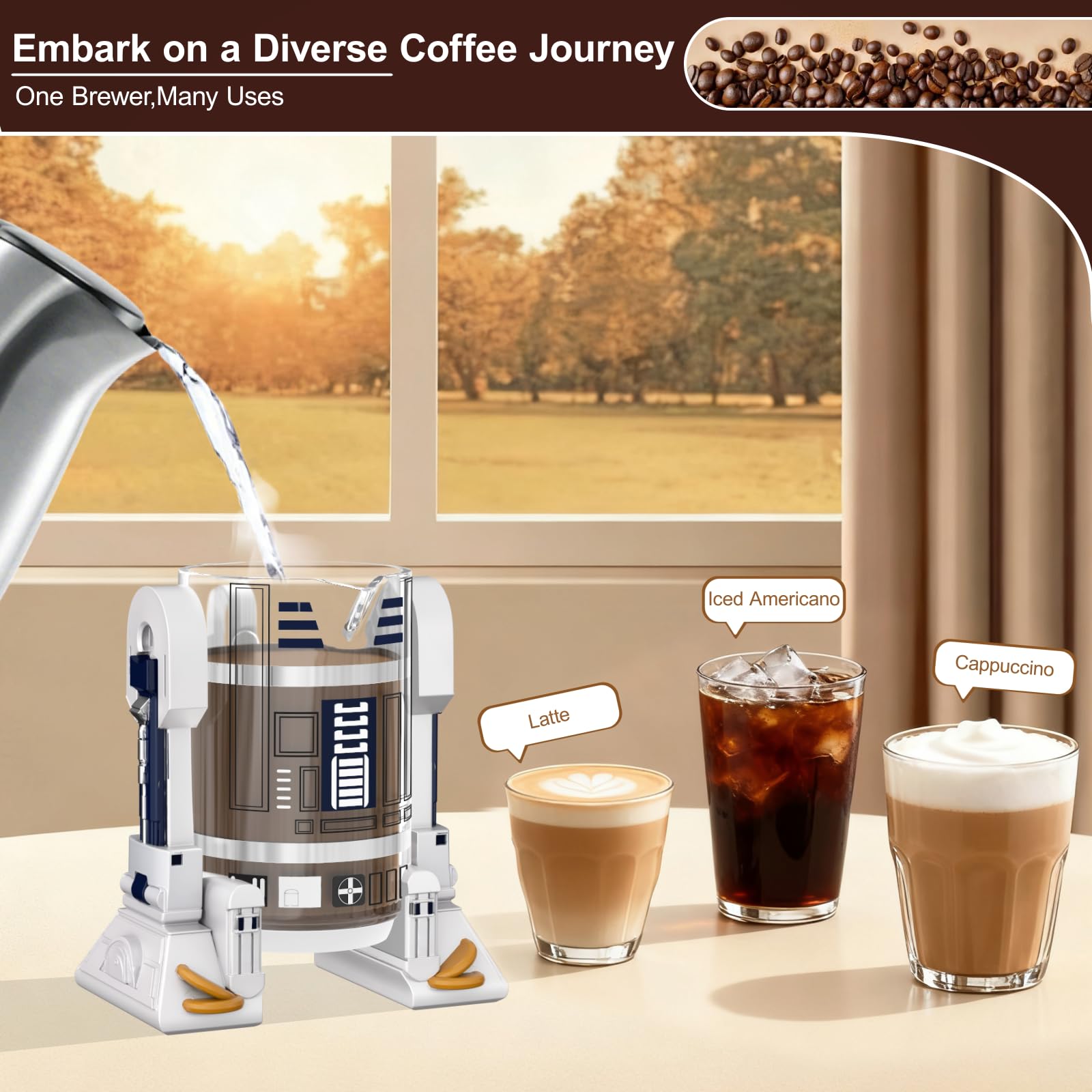 TEENKON Cafetera francesa aislada de acero inoxidable 304, robot R2D2 de 32 onzas, prensa de café manual para el hogar, con pantalla de filtro para preparar café y té (blanco)